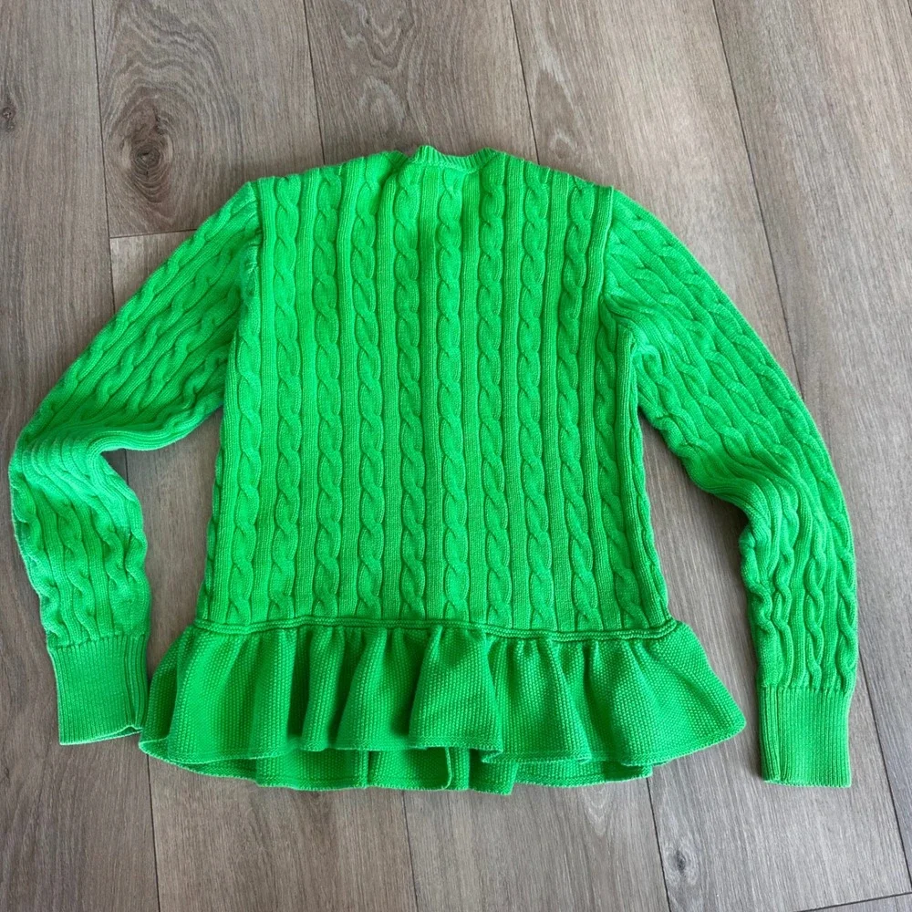 Ralph Lauren Girls XL 16 Green Cable Knit Peplum Cardigan Pink Pony Sweater